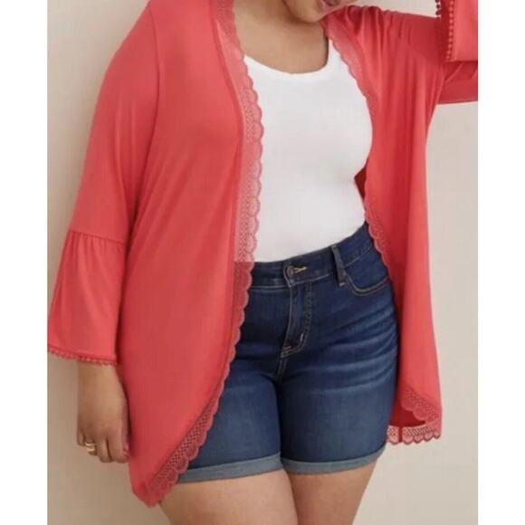 Torrid Super Soft Sz 1X 14 16 Lace Trim Ruffle Rayon Blend Cardigan Pink - Picture 1 of 16